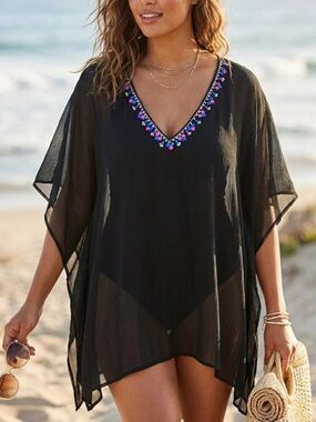 SWIM by Chuck Handy Black Sheer Poncho Beach Cover Up Embellished V-Neck OS